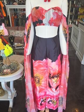 L'ATISTE Pink Floral Off-Shoulder Jumpsuit with Draped Sleeves